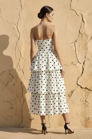 Polka Dot Ruffled Midi Dress in Ivory