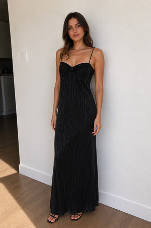 Metallic Pleated Maxi Dress in Black