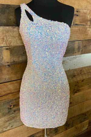 White Sparkly Bodycon One Shoulder Sequins Mini Party Dresses with Keyhole - SHEISME