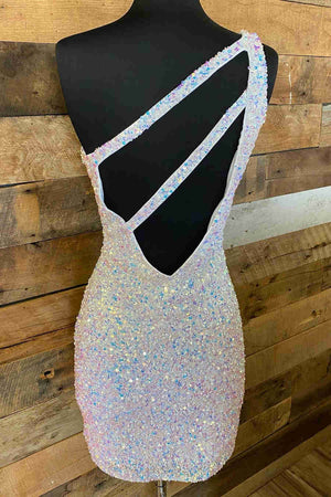 White Sparkly Bodycon One Shoulder Sequins Mini Party Dresses with Keyhole - SHEISME
