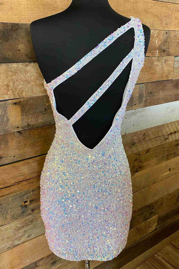White Sparkly Bodycon One Shoulder Sequins Mini Party Dresses with Keyhole - SHEISME