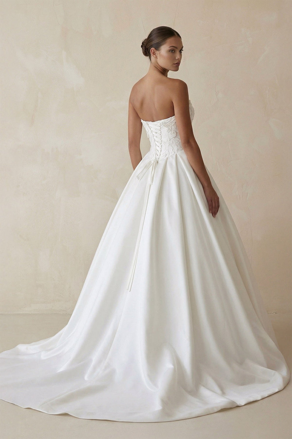 3D Floral Strapless Corset Satin Wedding Gown in White - SHE IS ME Wedding Dresses