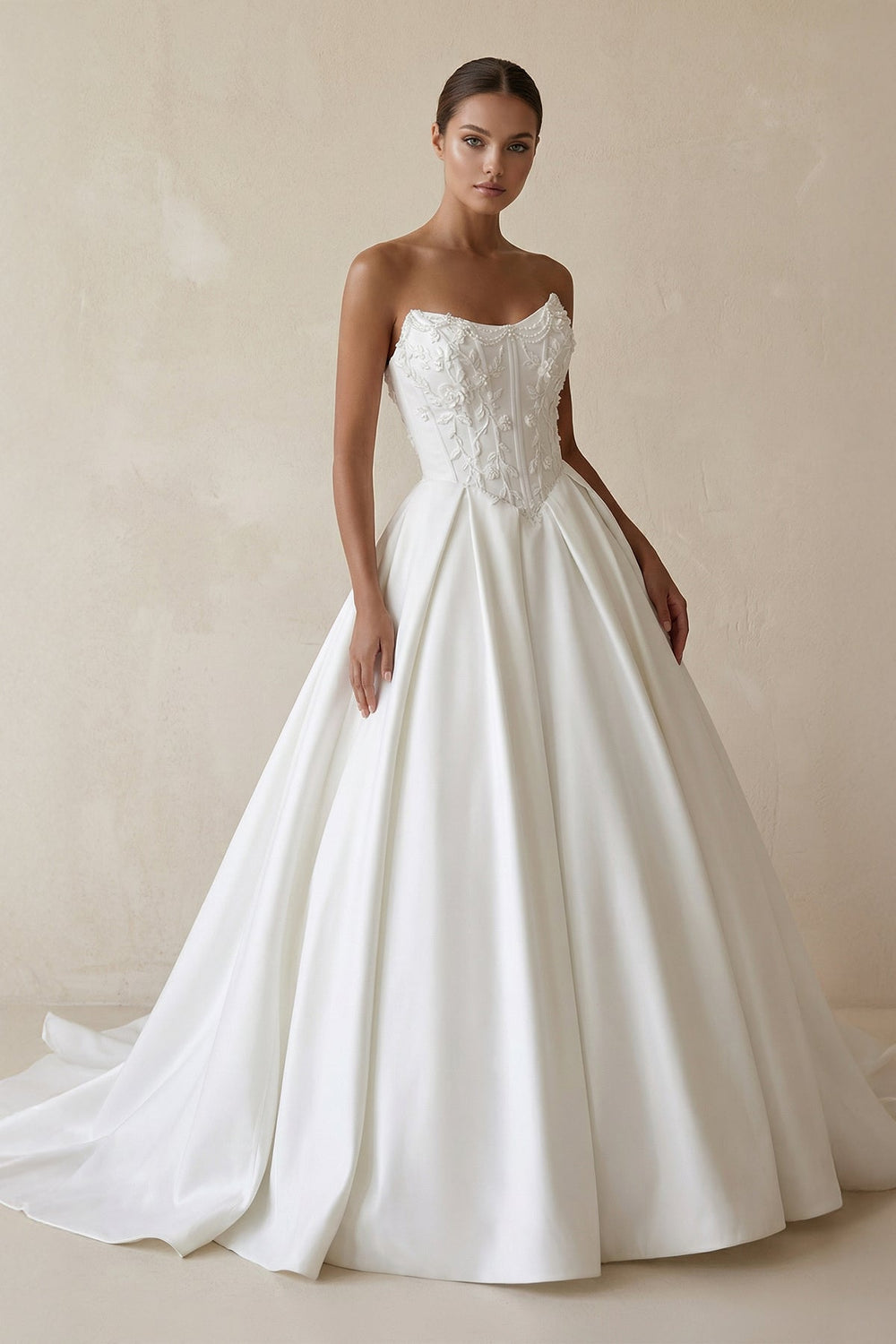 3D Floral Strapless Corset Satin Wedding Gown in White - SHE IS ME Wedding Dresses