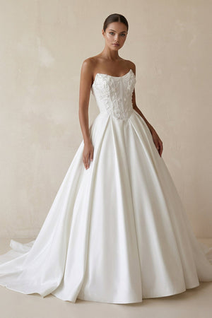 3D Floral Strapless Corset Satin Wedding Gown in White - SHE IS ME Wedding Dresses