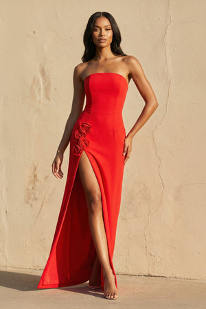 3D Floral Strapless Gown With Slit in Red - SHE IS ME