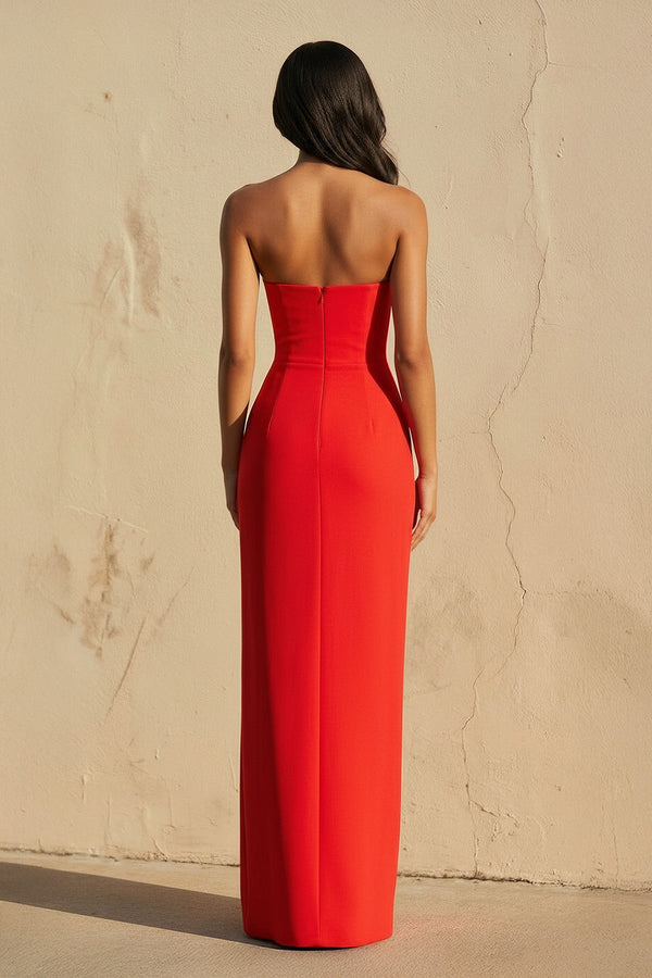 3D Floral Strapless Gown With Slit in Red - SHE IS ME