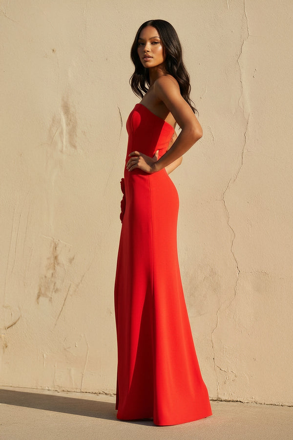 3D Floral Strapless Gown With Slit in Red - SHE IS ME
