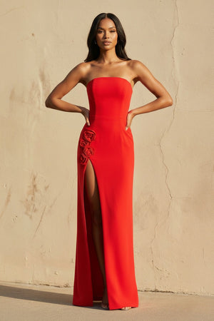 3D Floral Strapless Gown With Slit in Red - SHE IS ME