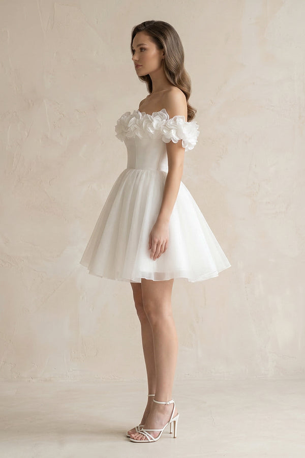 3D - Flower Off - the - Shoulder A - Line Tulle Wedding Dress in Ivory - SHE IS ME Wedding Dresses