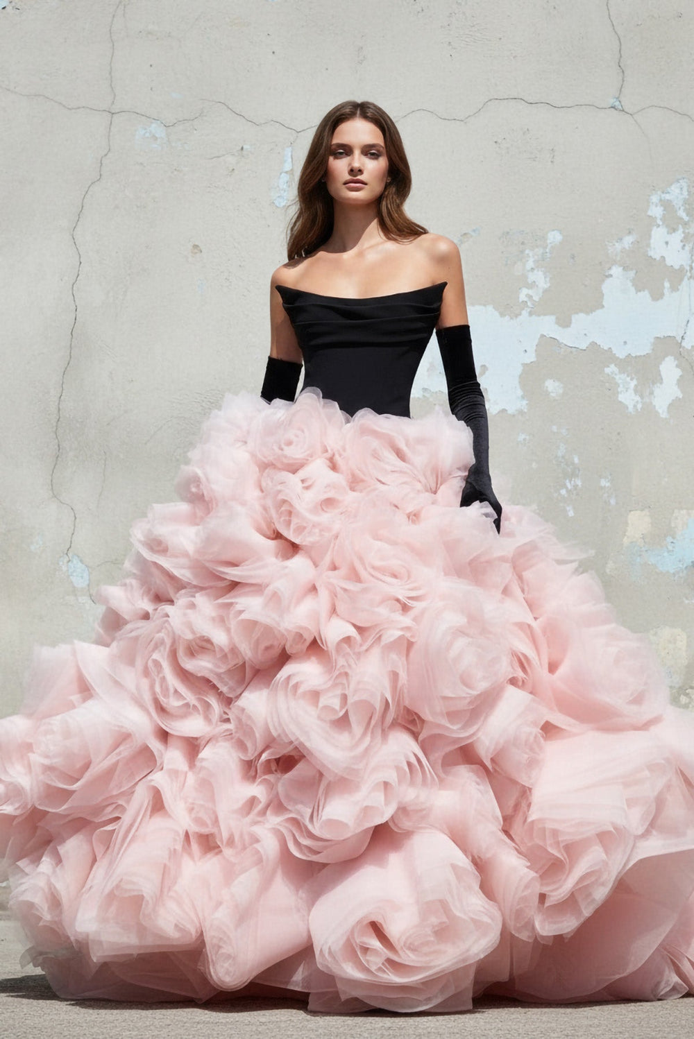 3D Flower Tulle Gown In Black and Pink - SHE IS ME PROM DRESSES
