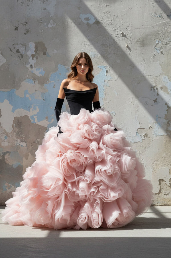 3D Flower Tulle Gown In Black and Pink - SHE IS ME PROM DRESSES