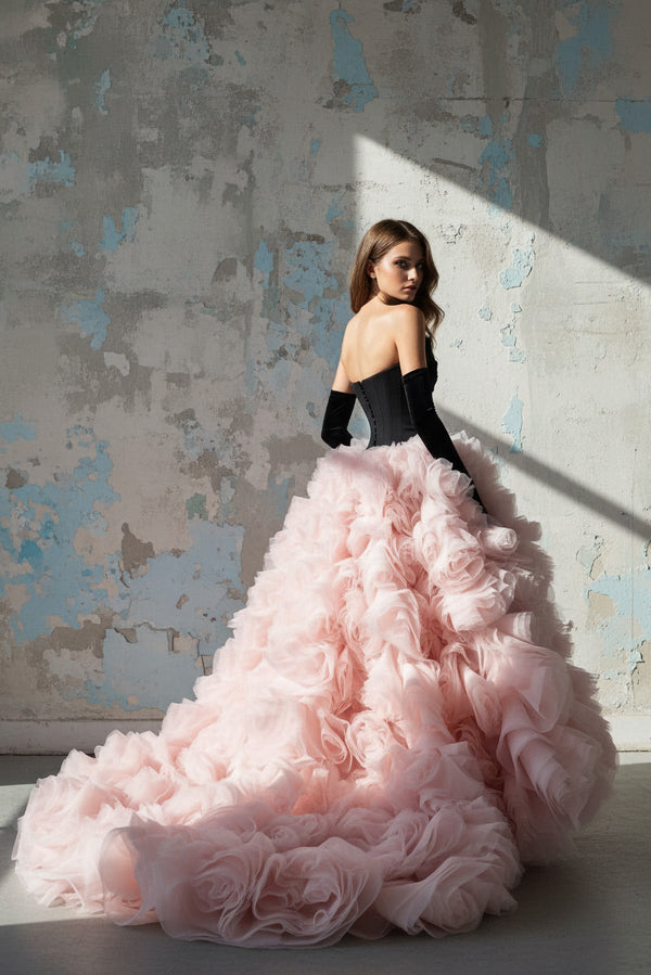 3D Flower Tulle Gown In Black and Pink - SHE IS ME PROM DRESSES