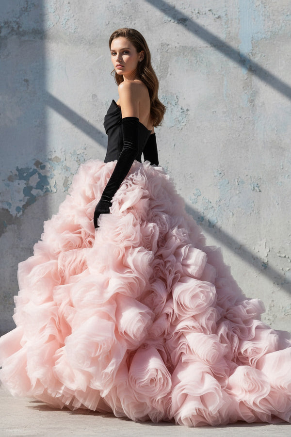 3D Flower Tulle Gown In Black and Pink - SHE IS ME PROM DRESSES