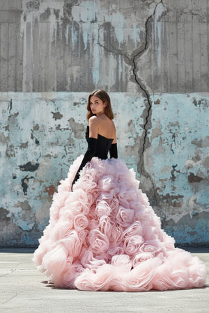 3D Flower Tulle Gown In Black and Pink - SHE IS ME PROM DRESSES