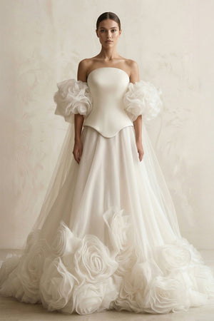 3D - Flower Tulle Strapless A - Line Wedding Dress in Ivory - SHE IS ME Wedding Dresses