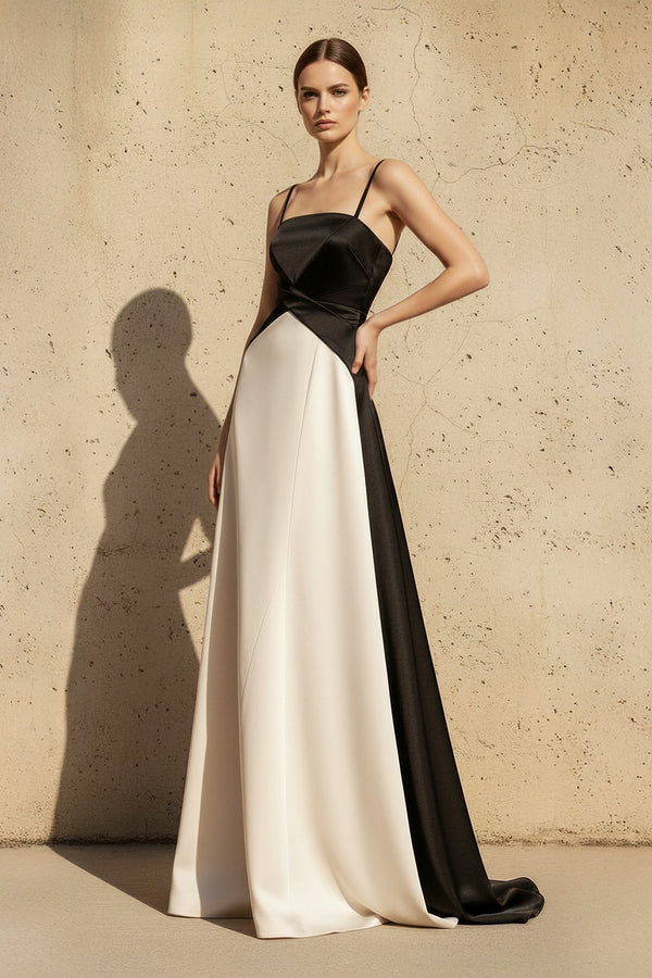 Satin Spaghetti Straps Maxi Dress in Black and Ivory