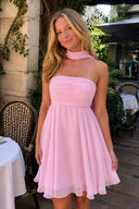 Pink A Line Strapless Chiffon Homecoming Dresses With Scarf - SHEISME
