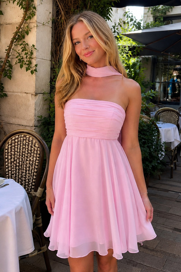 Pink A Line Strapless Chiffon Homecoming Dresses With Scarf - SHEISME