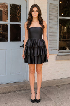Black Strapless A Line Satin Ruffle Short Homecoming Dress - SHEISME