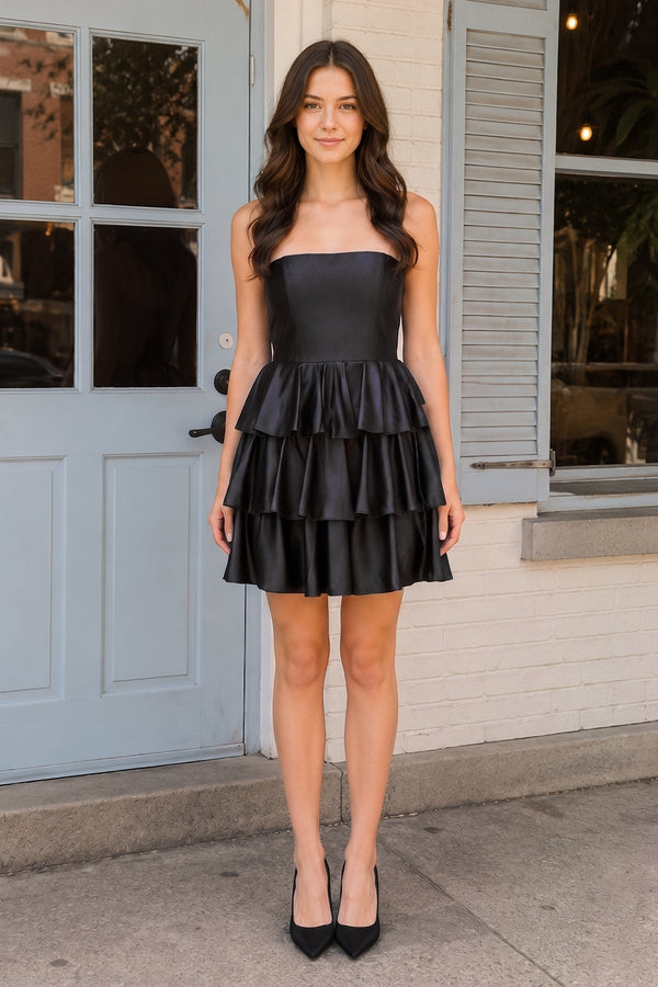 Black Strapless A Line Satin Ruffle Short Homecoming Dress - SHEISME