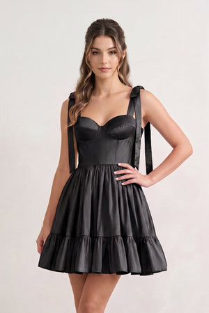 Sabrina | A-line Sweetheart Black Ruffled Taffeta Homecoming Dress With Bow Straps