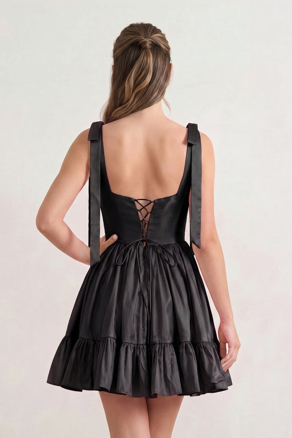 Sabrina | A-line Sweetheart Black Ruffled Taffeta Homecoming Dress With Bow Straps