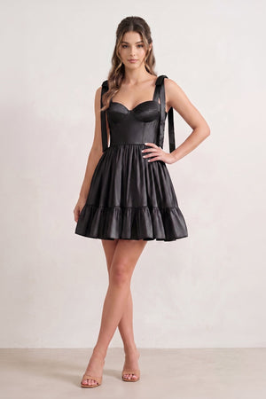 Sabrina | A-line Sweetheart Black Ruffled Taffeta Homecoming Dress With Bow Straps