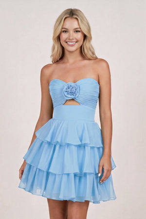 Blue Strapless A Line Chiffon Ruffles Homecoming Dresses With Flower - SHEISME