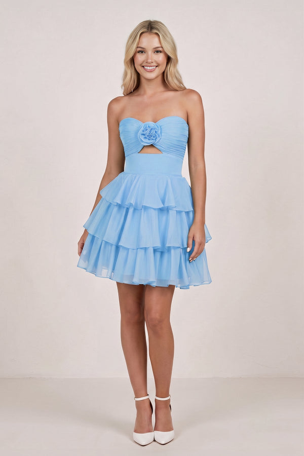 Blue Strapless A Line Chiffon Ruffles Homecoming Dresses With Flower - SHEISME