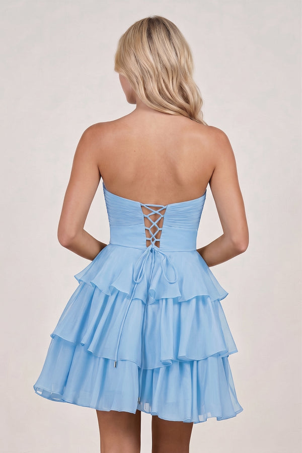 Blue Strapless A Line Chiffon Ruffles Homecoming Dresses With Flower - SHEISME