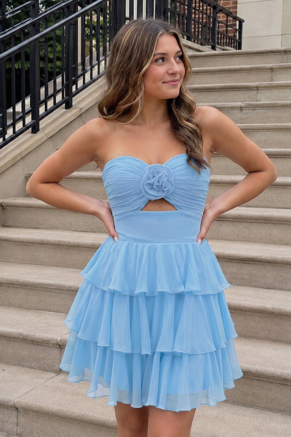 Blue Strapless A Line Chiffon Ruffles Homecoming Dresses With Flower - SHEISME