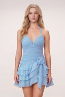Sky Blue Organza Halter A-Line Pleated Ruffled Homecoming Dress | SHEISME