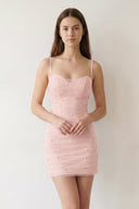 Blush Pink Sheath Tulle Pleated Homecoming Dress with Pearls - SHEISME