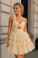 Princess Champagne One Shoulder Knotted Ruffle Short Party Dress - SHEISME