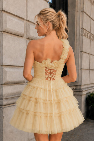 Princess Champagne One Shoulder Knotted Ruffle Short Party Dress - SHEISME