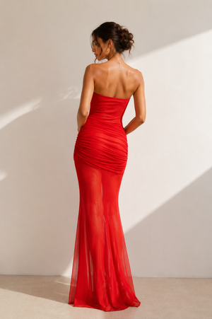 Strapless Mermaid Pleated Maxi Dress in Red