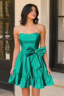 Dark Green Strapless Ruffle Homecoming Dress with Bow - SHEISME
