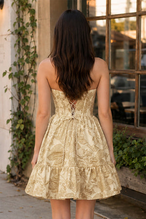 A-Line Strapless Golden Satin Short Homecoming Dresses - SHEISME