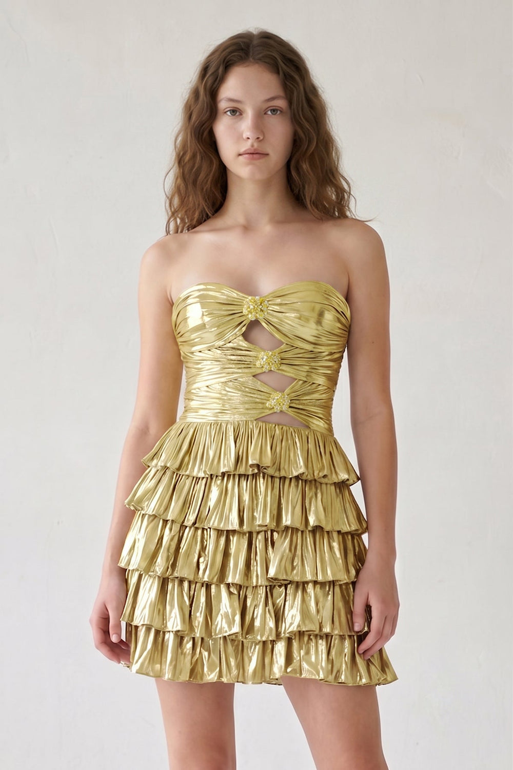 Gold Strapless A Line Metallic Tiered Homecoming Dress With Beading