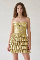 Golden Strapless A Line Metallic Tiered Homecoming Dress With Beading - SHEISME