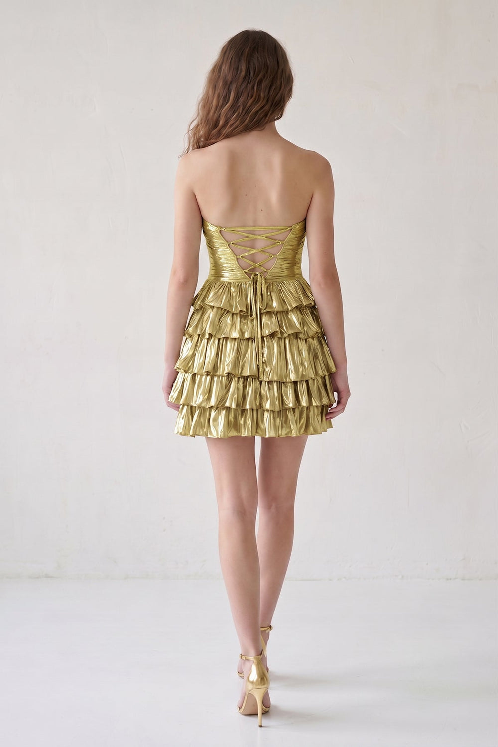 Gold Strapless A Line Metallic Tiered Homecoming Dress With Beading