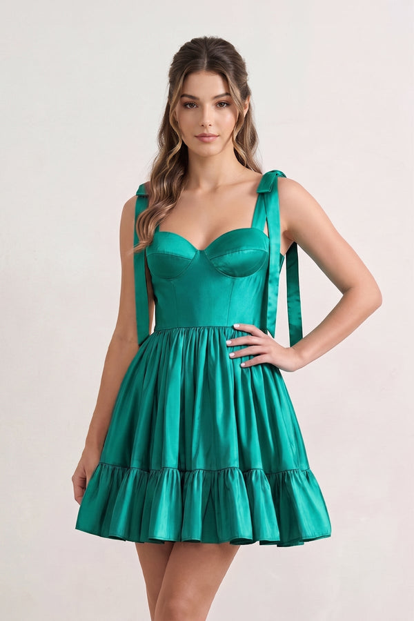 Sabrina | A-line Sweetheart Green Ruffled Taffeta Homecoming Dress With Bow Straps