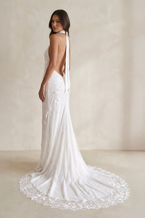 Halter Neck Sheath Floral Embroidery Wedding Dress in Ivory - SHE IS ME Wedding Dresses