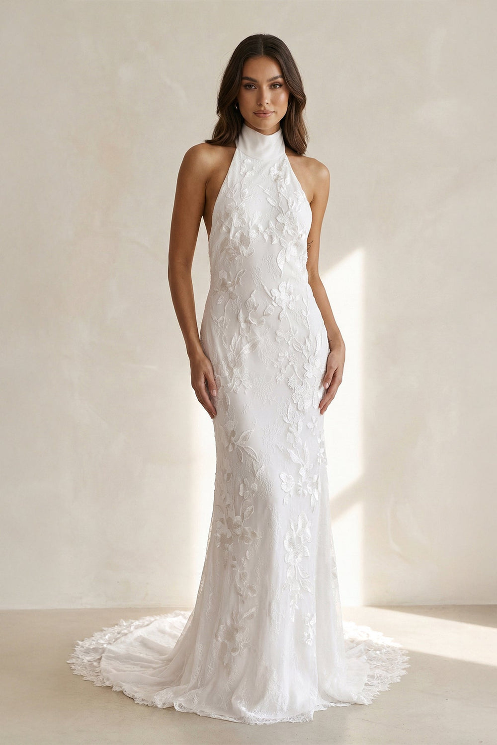 Halter Neck Sheath Floral Embroidery Wedding Dress in Ivory - SHE IS ME Wedding Dresses