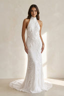 Halter Neck Sheath Floral Embroidery Wedding Dress in Ivory - SHE IS ME Wedding Dresses