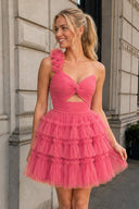 Princess Hot Pink One Shoulder Knotted Ruffle Short Party Dress - SHEISME