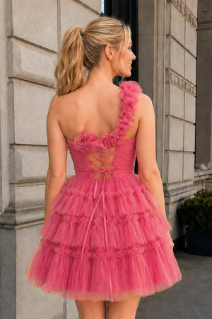 Princess Hot Pink One Shoulder Knotted Ruffle Short Party Dress - SHEISME
