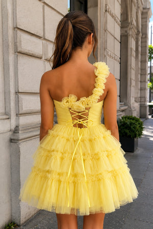 Princess Yellow One Shoulder Knotted Ruffle Short Party Dress - SHEISME