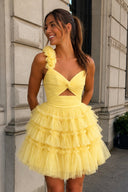 Princess Yellow One Shoulder Knotted Ruffle Short Party Dress - SHEISME
