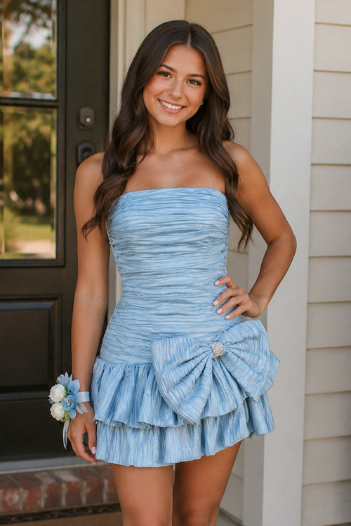 Sky Blue A Line Strapless Pleats Short Homecoming Dress with Bow - SHEISME